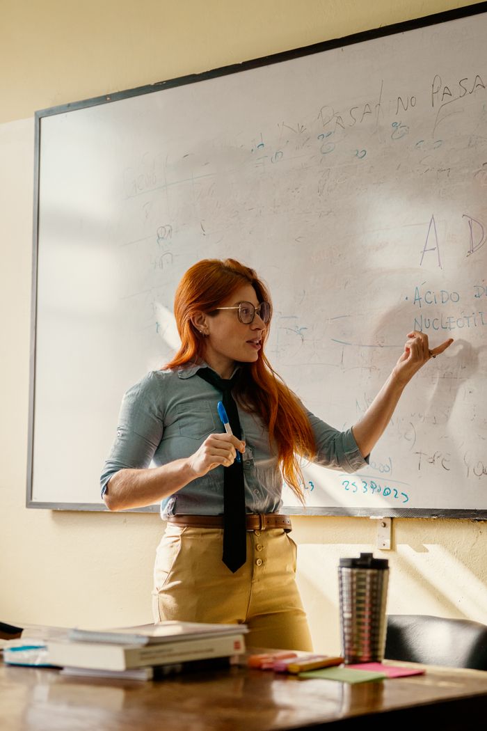 A woman teacher explaining concepts on a whiteboard in a classroom setting.